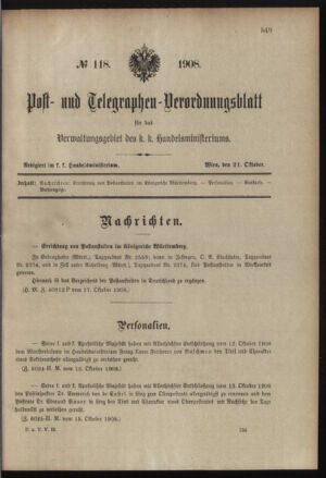 Post- und Telegraphen-Verordnungsblatt für das Verwaltungsgebiet des K.-K. Handelsministeriums 19081021 Seite: 1