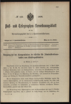 Post- und Telegraphen-Verordnungsblatt für das Verwaltungsgebiet des K.-K. Handelsministeriums 19081023 Seite: 1