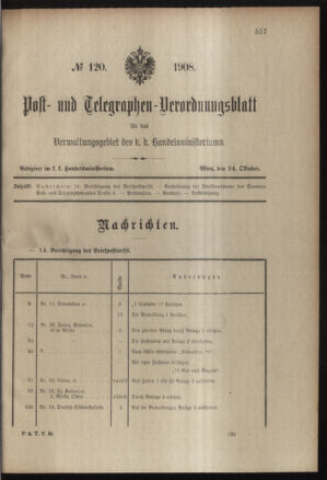 Post- und Telegraphen-Verordnungsblatt für das Verwaltungsgebiet des K.-K. Handelsministeriums 19081024 Seite: 1