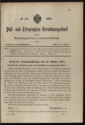 Post- und Telegraphen-Verordnungsblatt für das Verwaltungsgebiet des K.-K. Handelsministeriums 19081027 Seite: 1