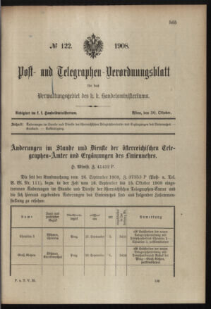 Post- und Telegraphen-Verordnungsblatt für das Verwaltungsgebiet des K.-K. Handelsministeriums 19081030 Seite: 1