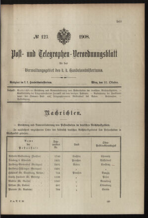 Post- und Telegraphen-Verordnungsblatt für das Verwaltungsgebiet des K.-K. Handelsministeriums 19081031 Seite: 1