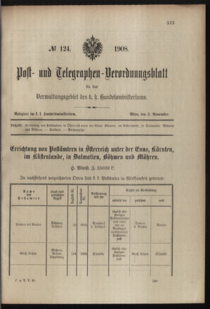 Post- und Telegraphen-Verordnungsblatt für das Verwaltungsgebiet des K.-K. Handelsministeriums 19081102 Seite: 1