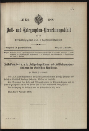 Post- und Telegraphen-Verordnungsblatt für das Verwaltungsgebiet des K.-K. Handelsministeriums 19081104 Seite: 1