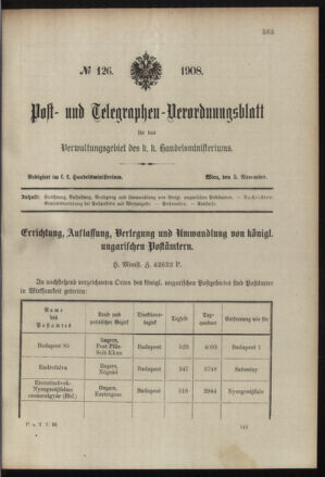 Post- und Telegraphen-Verordnungsblatt für das Verwaltungsgebiet des K.-K. Handelsministeriums 19081105 Seite: 1