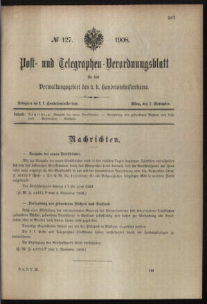 Post- und Telegraphen-Verordnungsblatt für das Verwaltungsgebiet des K.-K. Handelsministeriums 19081107 Seite: 1