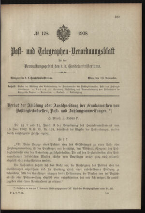 Post- und Telegraphen-Verordnungsblatt für das Verwaltungsgebiet des K.-K. Handelsministeriums 19081110 Seite: 1