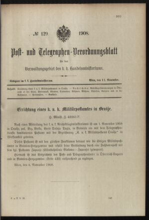 Post- und Telegraphen-Verordnungsblatt für das Verwaltungsgebiet des K.-K. Handelsministeriums 19081111 Seite: 1