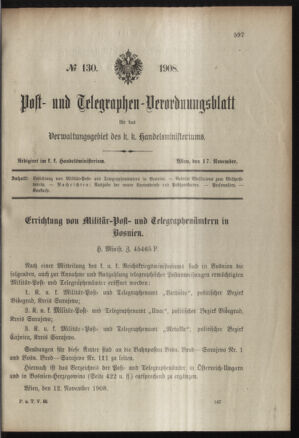 Post- und Telegraphen-Verordnungsblatt für das Verwaltungsgebiet des K.-K. Handelsministeriums 19081117 Seite: 1