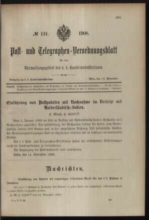 Post- und Telegraphen-Verordnungsblatt für das Verwaltungsgebiet des K.-K. Handelsministeriums 19081119 Seite: 1