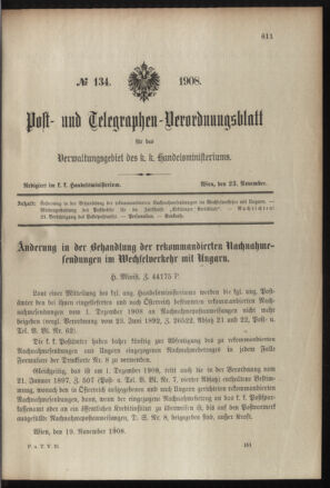 Post- und Telegraphen-Verordnungsblatt für das Verwaltungsgebiet des K.-K. Handelsministeriums 19081123 Seite: 1