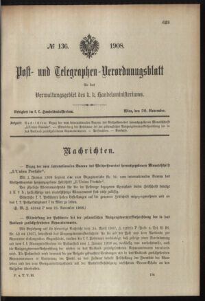 Post- und Telegraphen-Verordnungsblatt für das Verwaltungsgebiet des K.-K. Handelsministeriums 19081130 Seite: 1