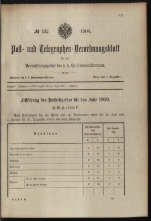 Post- und Telegraphen-Verordnungsblatt für das Verwaltungsgebiet des K.-K. Handelsministeriums 19081201 Seite: 1