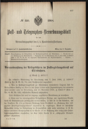 Post- und Telegraphen-Verordnungsblatt für das Verwaltungsgebiet des K.-K. Handelsministeriums 19081209 Seite: 1