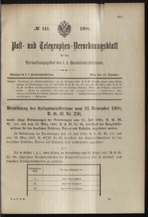 Post- und Telegraphen-Verordnungsblatt für das Verwaltungsgebiet des K.-K. Handelsministeriums 19081210 Seite: 1