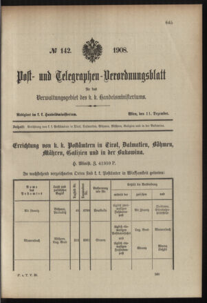 Post- und Telegraphen-Verordnungsblatt für das Verwaltungsgebiet des K.-K. Handelsministeriums 19081211 Seite: 1