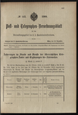 Post- und Telegraphen-Verordnungsblatt für das Verwaltungsgebiet des K.-K. Handelsministeriums 19081212 Seite: 1