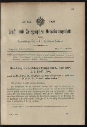 Post- und Telegraphen-Verordnungsblatt für das Verwaltungsgebiet des K.-K. Handelsministeriums 19081217 Seite: 1