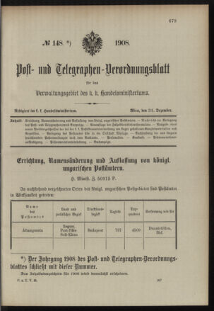 Post- und Telegraphen-Verordnungsblatt für das Verwaltungsgebiet des K.-K. Handelsministeriums 19081231 Seite: 1