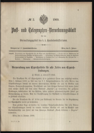 Post- und Telegraphen-Verordnungsblatt für das Verwaltungsgebiet des K.-K. Handelsministeriums 19090108 Seite: 1