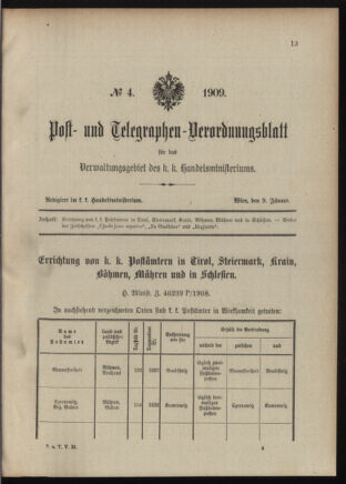 Post- und Telegraphen-Verordnungsblatt für das Verwaltungsgebiet des K.-K. Handelsministeriums 19090109 Seite: 1