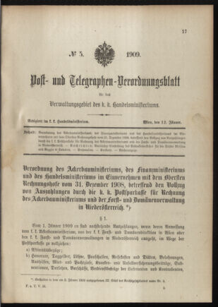 Post- und Telegraphen-Verordnungsblatt für das Verwaltungsgebiet des K.-K. Handelsministeriums 19090112 Seite: 1