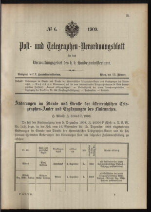 Post- und Telegraphen-Verordnungsblatt für das Verwaltungsgebiet des K.-K. Handelsministeriums 19090113 Seite: 1