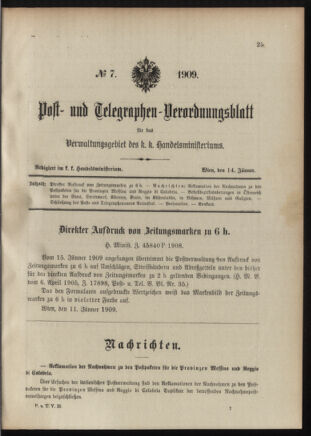 Post- und Telegraphen-Verordnungsblatt für das Verwaltungsgebiet des K.-K. Handelsministeriums 19090114 Seite: 1