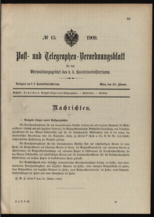 Post- und Telegraphen-Verordnungsblatt für das Verwaltungsgebiet des K.-K. Handelsministeriums 19090129 Seite: 1