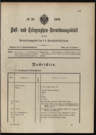 Post- und Telegraphen-Verordnungsblatt für das Verwaltungsgebiet des K.-K. Handelsministeriums 19090213 Seite: 1