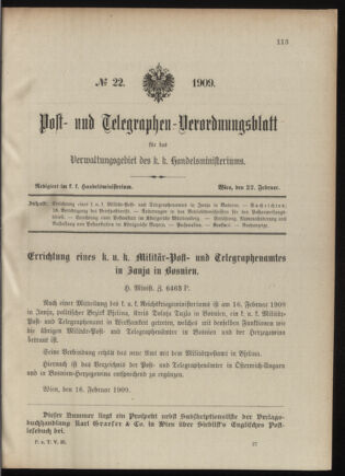 Post- und Telegraphen-Verordnungsblatt für das Verwaltungsgebiet des K.-K. Handelsministeriums 19090222 Seite: 1