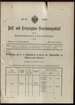 Post- und Telegraphen-Verordnungsblatt für das Verwaltungsgebiet des K.-K. Handelsministeriums 19090223 Seite: 1