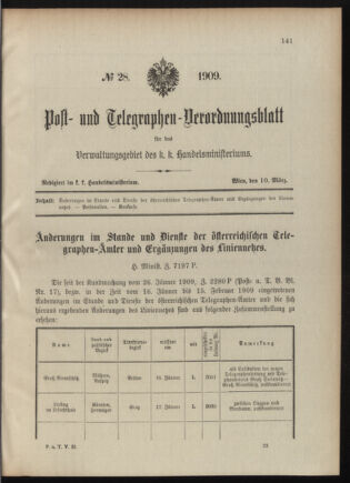 Post- und Telegraphen-Verordnungsblatt für das Verwaltungsgebiet des K.-K. Handelsministeriums 19090310 Seite: 1