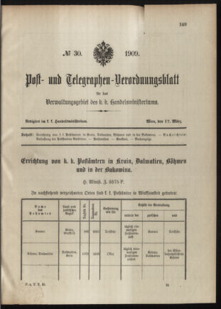 Post- und Telegraphen-Verordnungsblatt für das Verwaltungsgebiet des K.-K. Handelsministeriums 19090317 Seite: 1