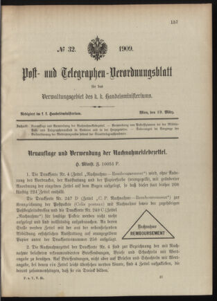 Post- und Telegraphen-Verordnungsblatt für das Verwaltungsgebiet des K.-K. Handelsministeriums 19090319 Seite: 1