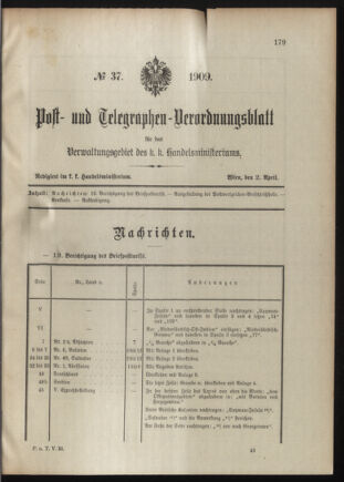 Post- und Telegraphen-Verordnungsblatt für das Verwaltungsgebiet des K.-K. Handelsministeriums 19090402 Seite: 1