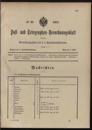 Post- und Telegraphen-Verordnungsblatt für das Verwaltungsgebiet des K.-K. Handelsministeriums 19090407 Seite: 1