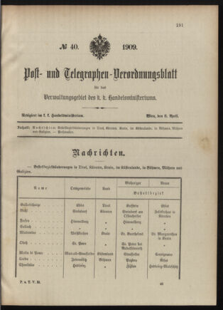 Post- und Telegraphen-Verordnungsblatt für das Verwaltungsgebiet des K.-K. Handelsministeriums 19090408 Seite: 1