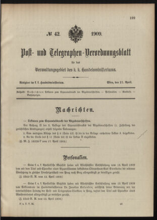 Post- und Telegraphen-Verordnungsblatt für das Verwaltungsgebiet des K.-K. Handelsministeriums 19090421 Seite: 1