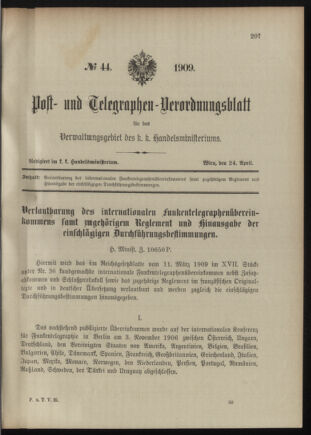 Post- und Telegraphen-Verordnungsblatt für das Verwaltungsgebiet des K.-K. Handelsministeriums 19090424 Seite: 1