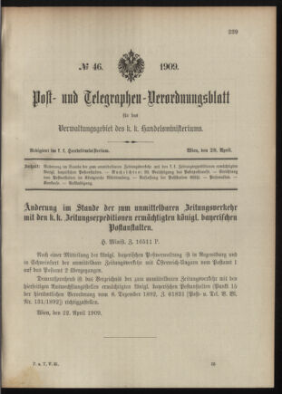 Post- und Telegraphen-Verordnungsblatt für das Verwaltungsgebiet des K.-K. Handelsministeriums 19090428 Seite: 1