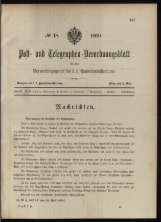 Post- und Telegraphen-Verordnungsblatt für das Verwaltungsgebiet des K.-K. Handelsministeriums 19090503 Seite: 1