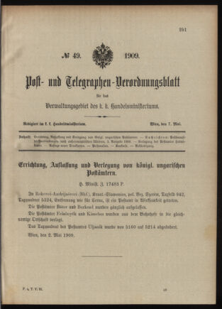 Post- und Telegraphen-Verordnungsblatt für das Verwaltungsgebiet des K.-K. Handelsministeriums 19090507 Seite: 1