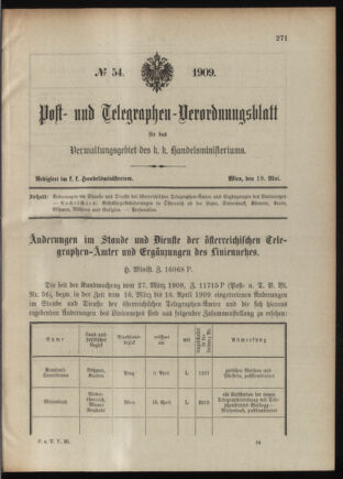 Post- und Telegraphen-Verordnungsblatt für das Verwaltungsgebiet des K.-K. Handelsministeriums 19090519 Seite: 1