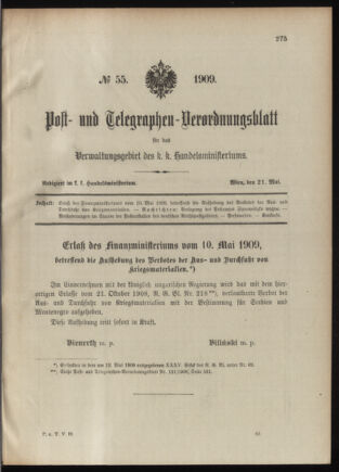 Post- und Telegraphen-Verordnungsblatt für das Verwaltungsgebiet des K.-K. Handelsministeriums 19090521 Seite: 1