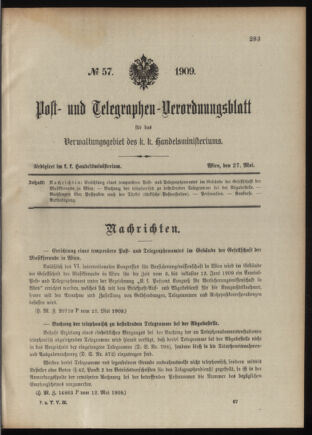 Post- und Telegraphen-Verordnungsblatt für das Verwaltungsgebiet des K.-K. Handelsministeriums 19090527 Seite: 1