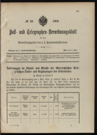 Post- und Telegraphen-Verordnungsblatt für das Verwaltungsgebiet des K.-K. Handelsministeriums 19090604 Seite: 1