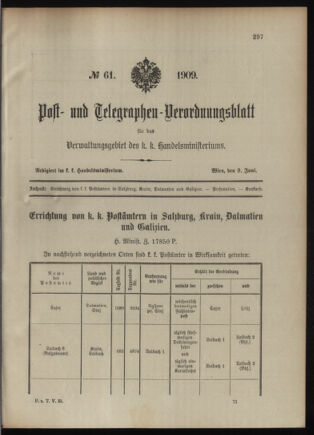 Post- und Telegraphen-Verordnungsblatt für das Verwaltungsgebiet des K.-K. Handelsministeriums 19090609 Seite: 1