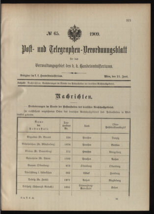 Post- und Telegraphen-Verordnungsblatt für das Verwaltungsgebiet des K.-K. Handelsministeriums 19090621 Seite: 1