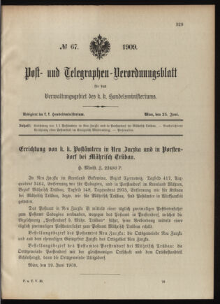 Post- und Telegraphen-Verordnungsblatt für das Verwaltungsgebiet des K.-K. Handelsministeriums 19090625 Seite: 1